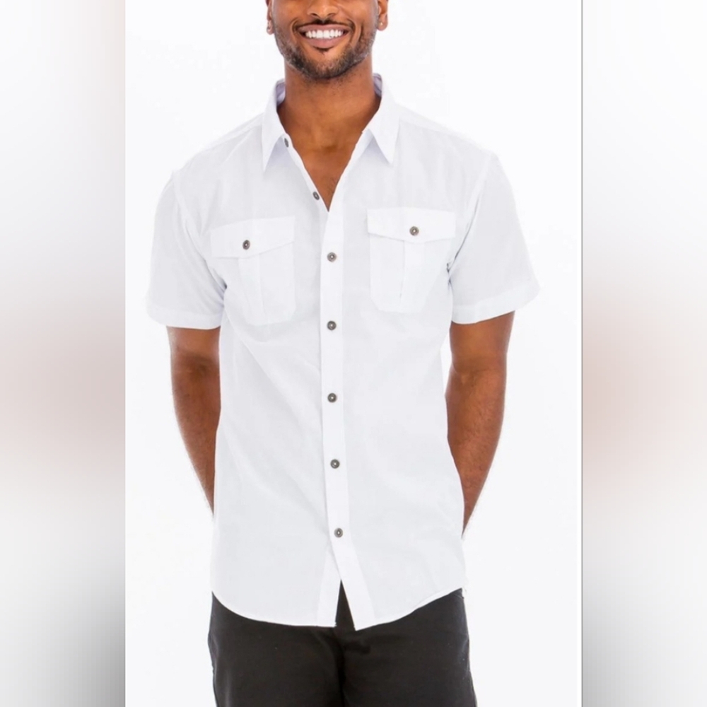 Sean John Short Sleeve Button Down Collared Shirt White Sz XL